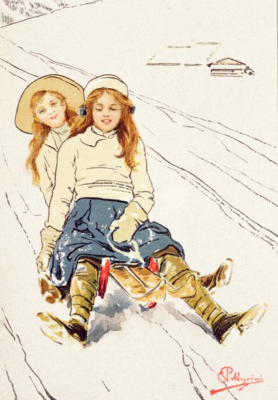 Two Girls Tobogganing by Carlo Pellegrini